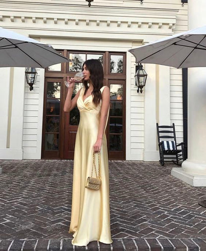 Simple A Line V neckline Yellow Long Prom Dresses P1798