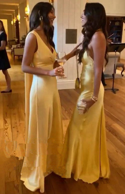 Simple A Line V neckline Yellow Long Prom Dresses P1798