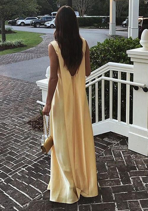 Simple A Line V neckline Yellow Long Prom Dresses P1798