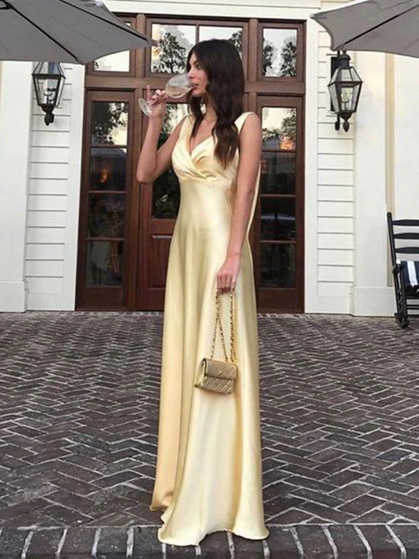 Simple A Line V neckline Yellow Long Prom Dresses P1798