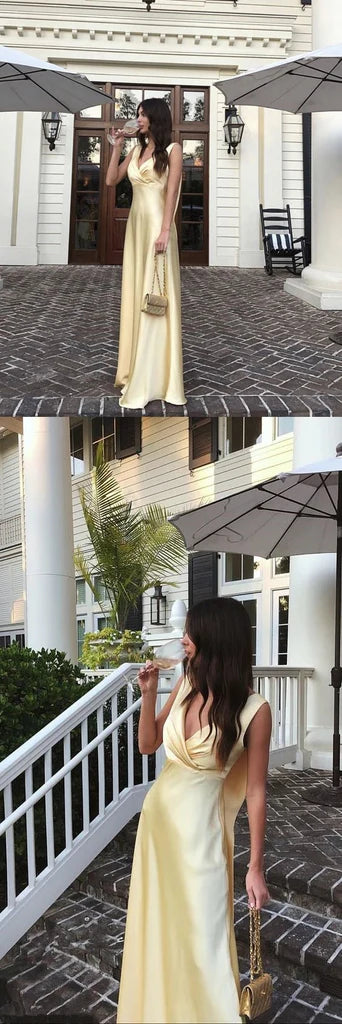 Simple A Line V neckline Yellow Long Prom Dresses P1798