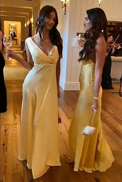 Simple A Line V neckline Yellow Long Prom Dresses P1798