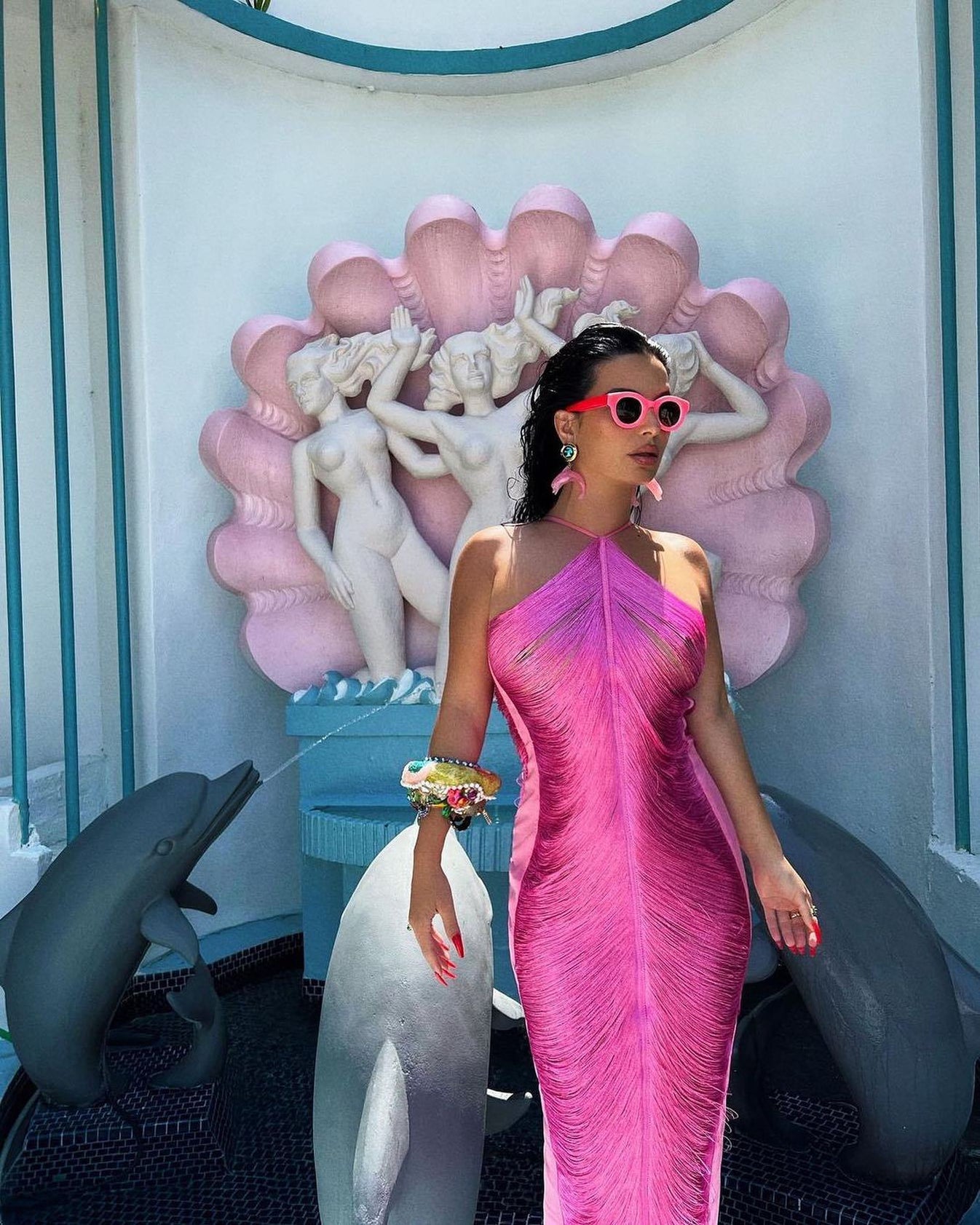Hot Pink Halter Satin Mermaid Evening Dress, Simple Long Prom Dress Y942