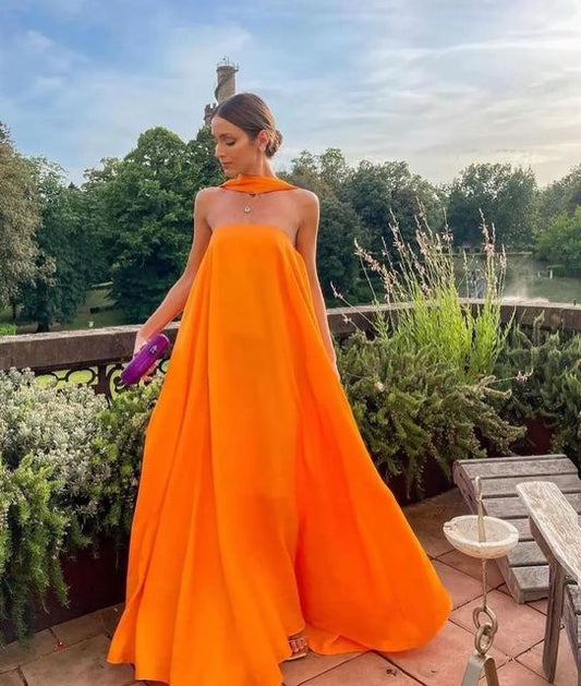 Sexy A line Strapless Chiffon Organge Long Prom Dresses P1808