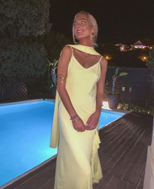 Sexy A line Straps Chiffon Yellow Long Prom Dresses P1809