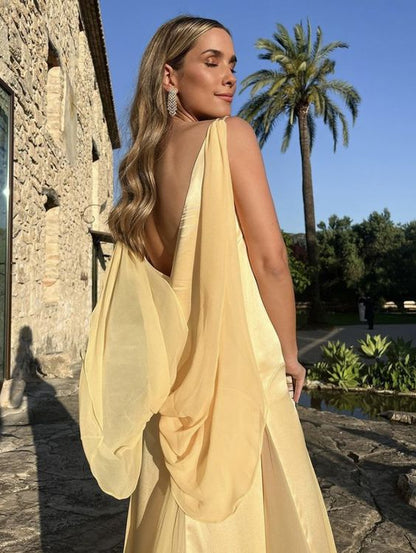 Sexy A-Linie V-Ausschnitt Chiffon Gelb Rückenfrei Lange Ballkleider P1810