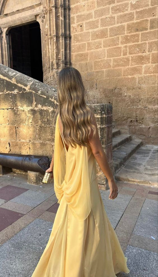 Sexy A line V Neckline Chiffon Yellow Backless Long Prom Dresses P1810