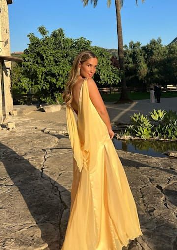 Sexy A-Linie V-Ausschnitt Chiffon Gelb Rückenfrei Lange Ballkleider P1810