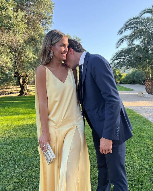 Sexy A line V Neckline Chiffon Yellow Backless Long Prom Dresses P1810