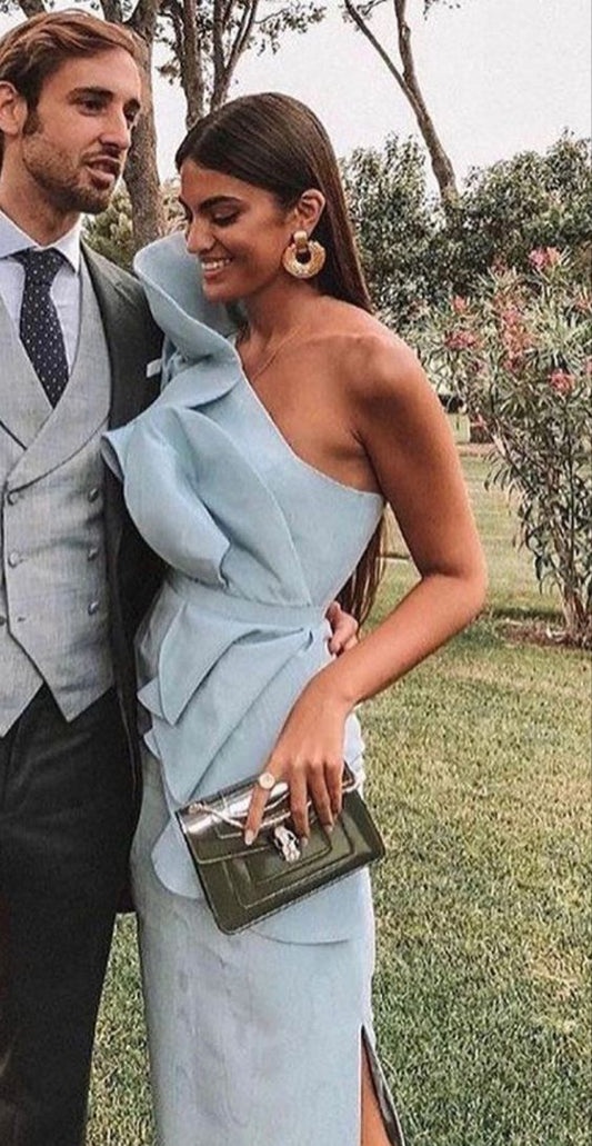 Sexy Sheath One Shoulder Light Sky Blue Long Prom Dresses P1811