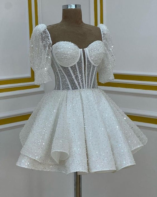 Sparkly A line Short Cocktail Dresses White Sequin 18th Birthday Outfits P1817