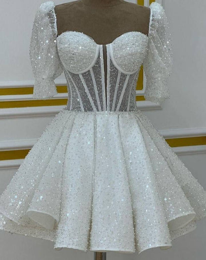 Glitzernde A-Linien kurze Cocktailkleider weiße Pailletten Outfits zum 18. Geburtstag P1817