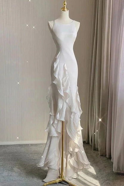 Einfaches Meerjungfrau-Abendkleid mit Rüschen, Spaghettiträgern, rückenfreies Ballkleid für das Date P1847