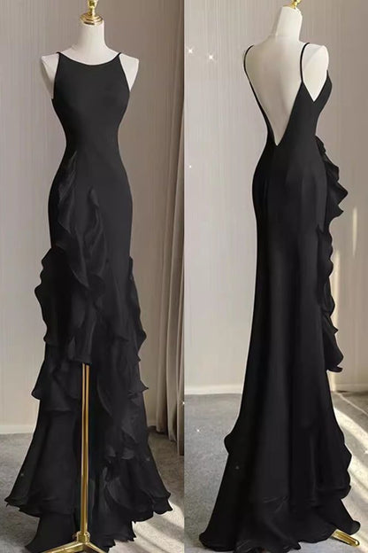 Einfaches Meerjungfrau-Abendkleid mit Rüschen, Spaghettiträgern, rückenfreies Ballkleid für das Date P1847