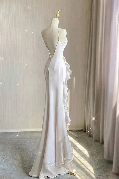 Einfaches Meerjungfrau-Abendkleid mit Rüschen, Spaghettiträgern, rückenfreies Ballkleid für das Date P1847