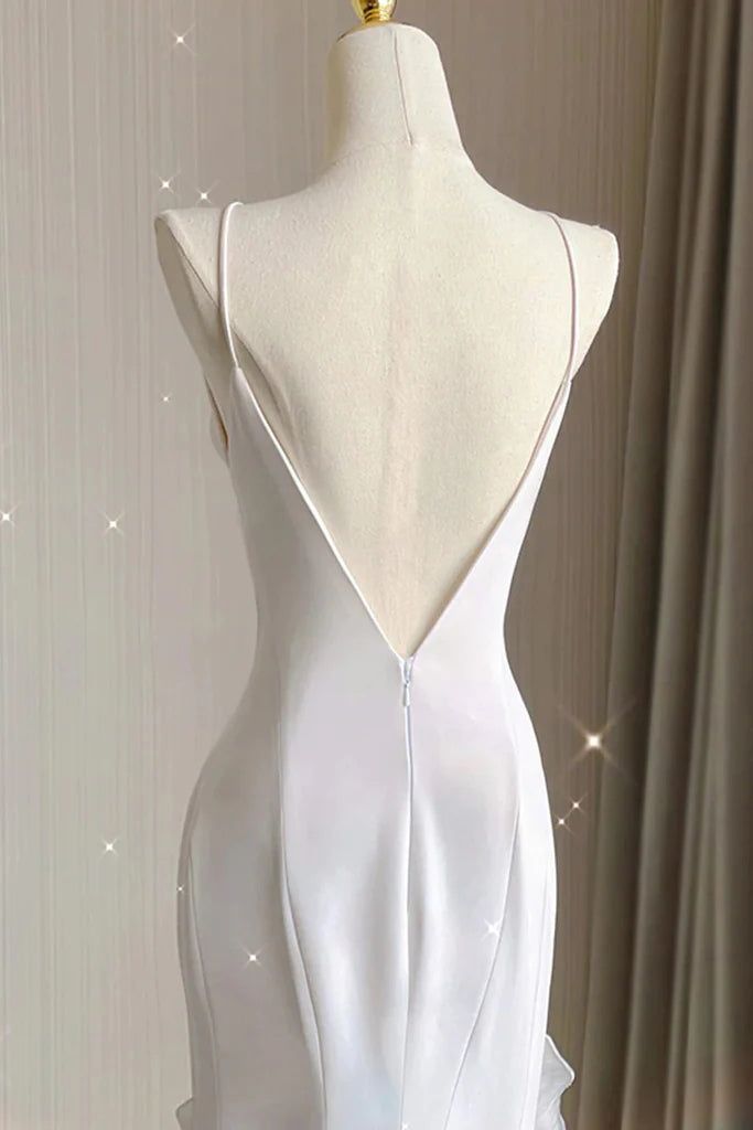 Simple Mermaid Prom Gown With Ruffles Spaghetti Straps Backless Prom Dress For Date P1847