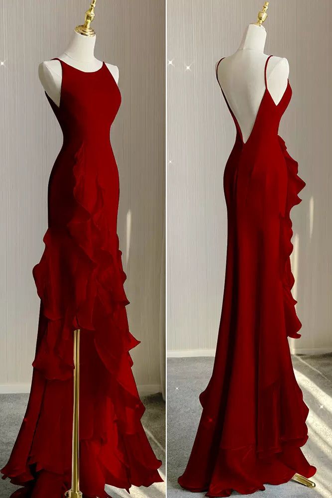 Simple Mermaid Prom Gown With Ruffles Spaghetti Straps Backless Prom Dress For Date P1847