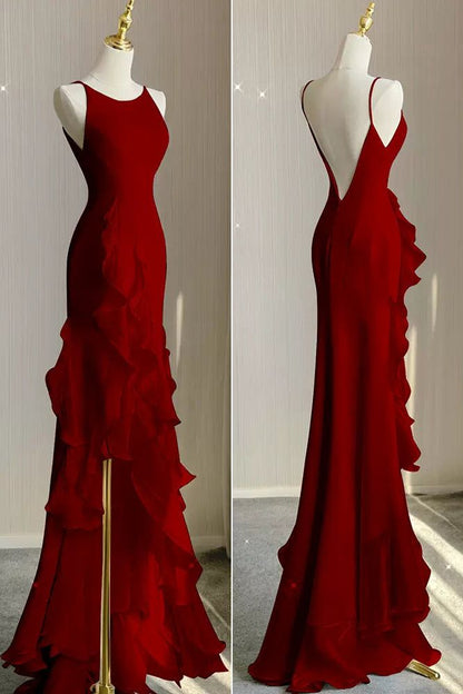 Einfaches Meerjungfrau-Abendkleid mit Rüschen, Spaghettiträgern, rückenfreies Ballkleid für das Date P1847