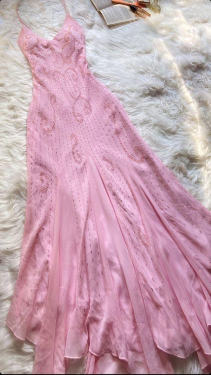 Belle robe de bal sirène en mousseline de soie rose avec perles, Robes de bal P1859