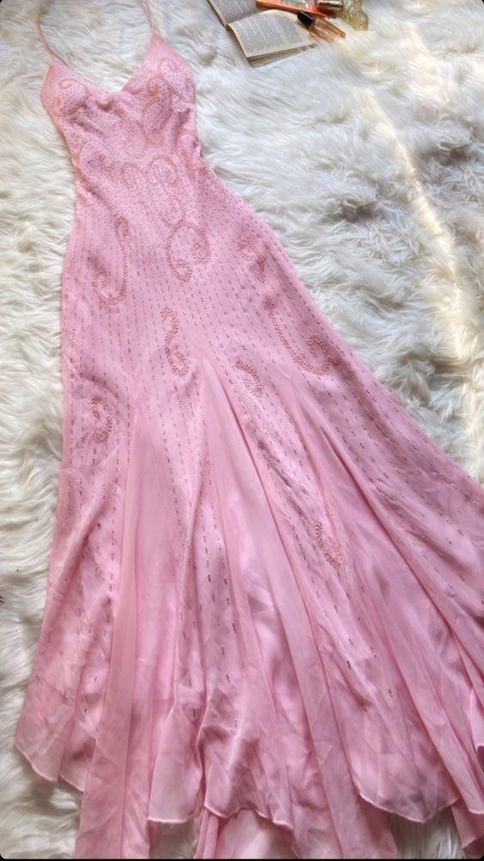 Belle robe de bal sirène en mousseline de soie rose avec perles, Robes de bal P1859