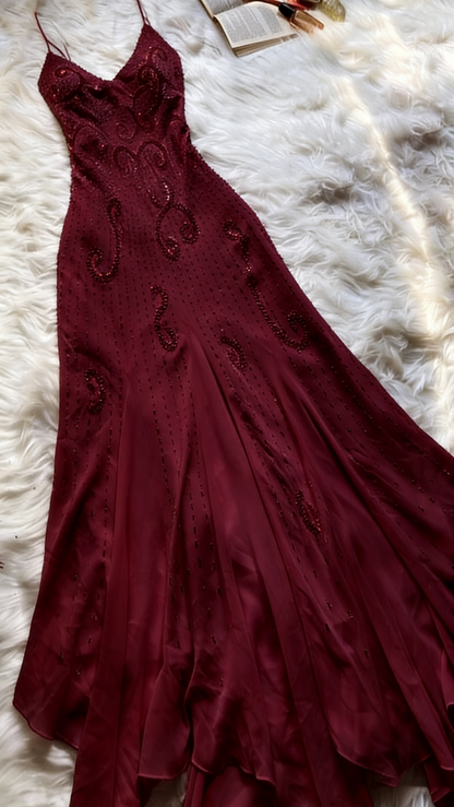 Belle robe de bal sirène en mousseline de soie rose avec perles, Robes de bal P1859