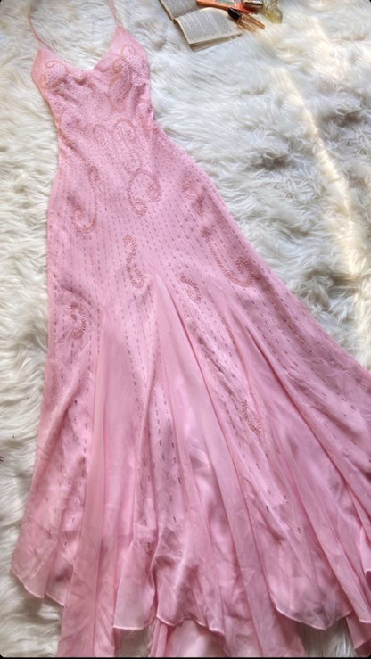 Belle robe de bal sirène en mousseline de soie rose avec perles, Robes de bal P1859