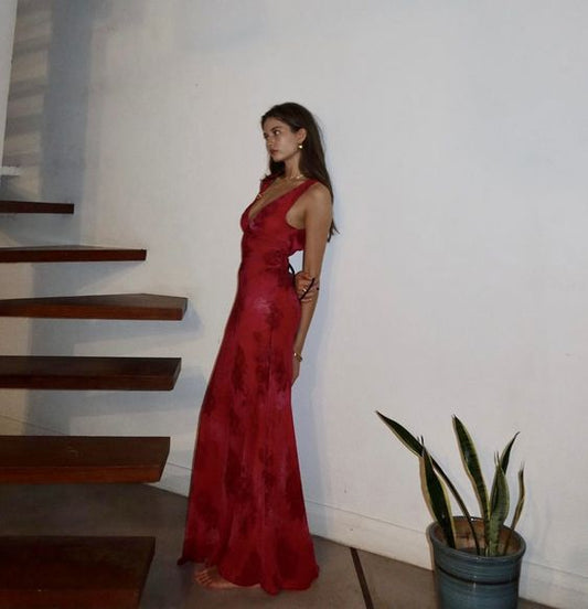 Beautiful Mermaid Prom Gown Red Floral Prom Dresses P1860