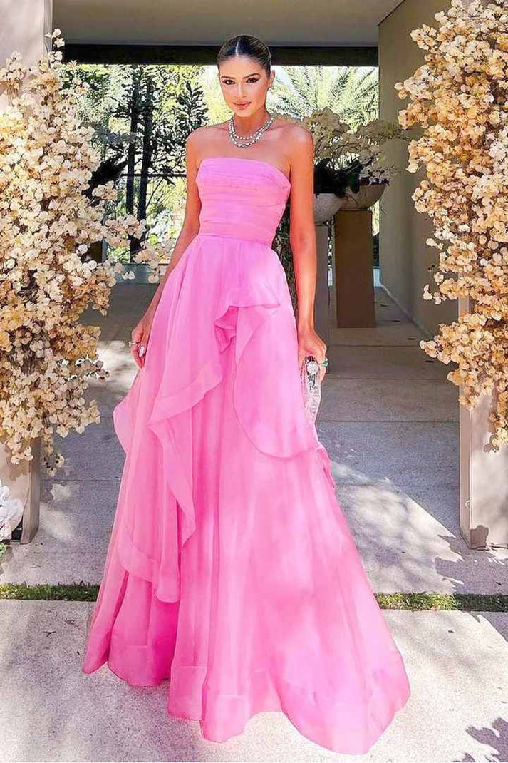 Sparkly Pink Strapless A-Line Sequin Long Plus Size Prom Dress