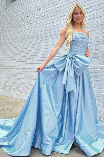 A-Line Strapless Light Blue Satin Long Prom Dress with Bow P1888 PreppyDress A-Line Strapless Light Blue Satin Long Prom Dress with Bow P1888 PreppyDress