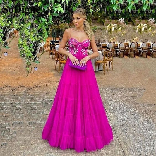 A-Line Long Embroidered Flower Sweethearts Tiered Tulle Prom Dress P1890