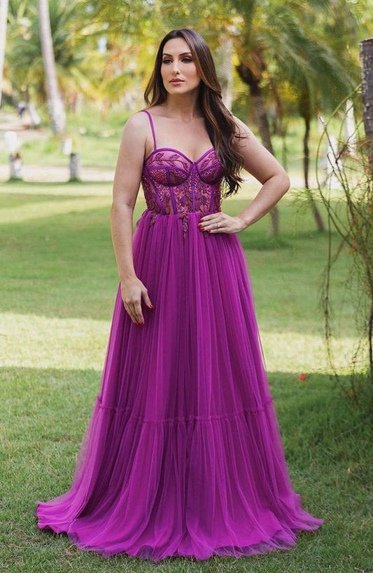 A-Line Long Embroidered Sweethearts Tiered Tulle Grape Prom Dress P1891