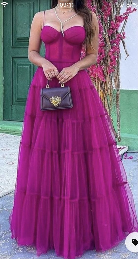 Ball Gown Long StrapsTiered Tulle Hot Pink Prom Dress P1894 – PreppyDress