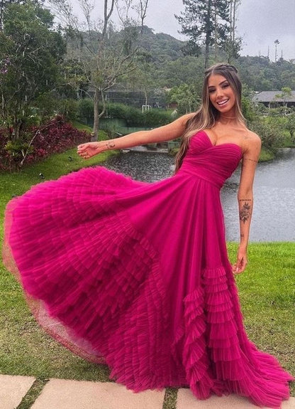 Robe de bal longue bustier en tulle à volants rose fuchsia pour le bal de promo P1895
