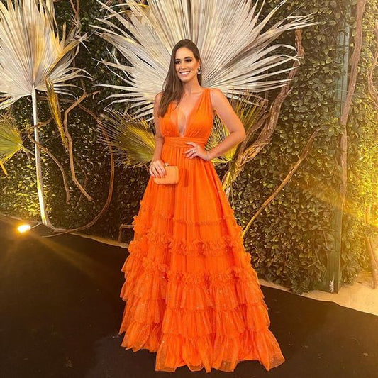 A Line Orange Long Prom Dresses V Neck Tiered Formal Dress P1897