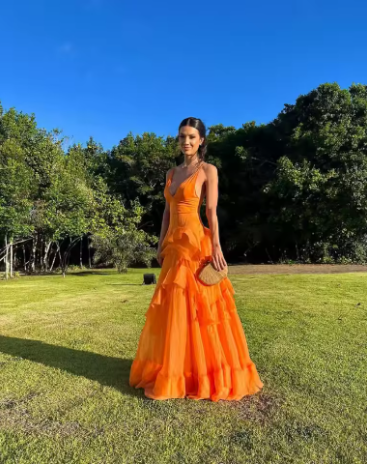 A Line Orange Long Prom Dresses V Neck Formal Dress Outfits P1899