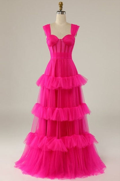 Heißes Rosa Sweetheart Mehrlagige Tüll Ballkleider Formelle Kleider P1901