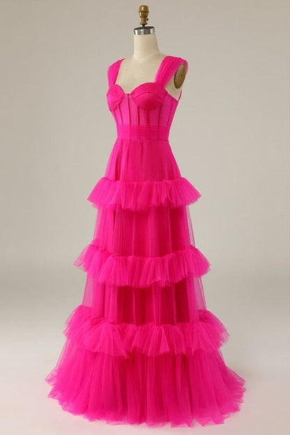 Heißes Rosa Sweetheart Mehrlagige Tüll Ballkleider Formelle Kleider P1901