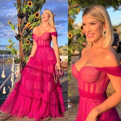 Heißes Rosa Sweetheart Mehrlagige Tüll Ballkleider Formelle Kleider P1901