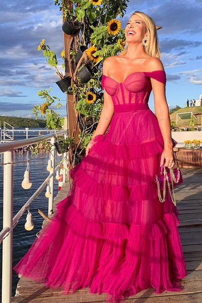 Heißes Rosa Sweetheart Mehrlagige Tüll Ballkleider Formelle Kleider P1901