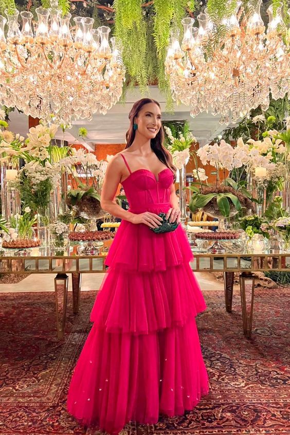 Ball Gown Tiered Hot Pink Prom Dresses Straps Neckline Formal Dress P1903