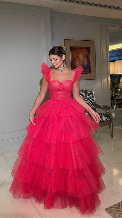 Hot Pink Tulle A-line Straps Long Evening Prom Dresses P1913 PreppyDress Hot Pink Tulle A-line Straps Long Evening Prom Dresses P1913 PreppyDress