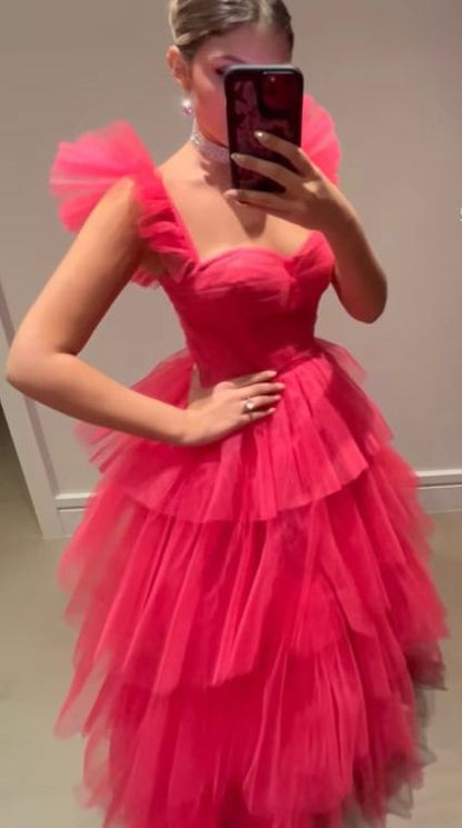 Hot Pink Tulle A-line Straps Long Evening Prom Dresses P1913