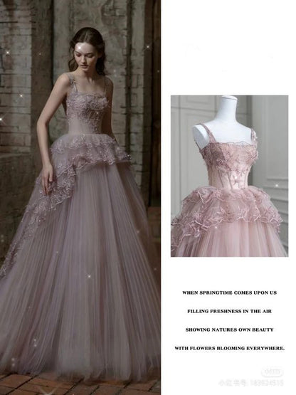 Feenhaftes Ballkleid Träger Rosa Tüll Ballkleider Langes Partykleid P1939