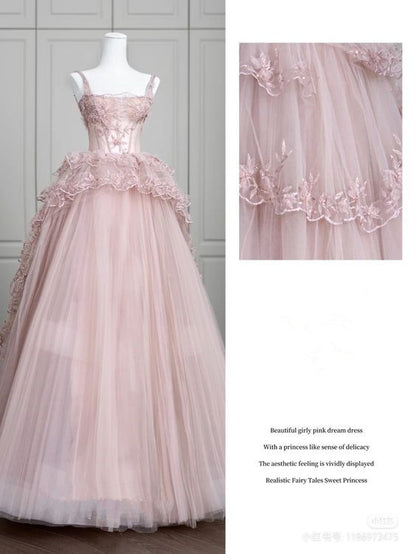 Feenhaftes Ballkleid Träger Rosa Tüll Ballkleider Langes Partykleid P1939
