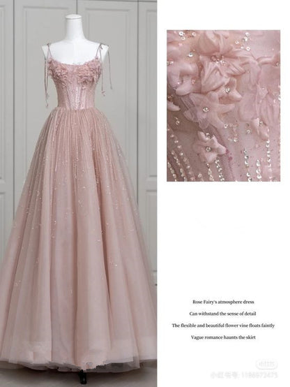 Feen-Ballkleid Träger Rosa Tüll Ballkleider Langes Abendkleid P1940