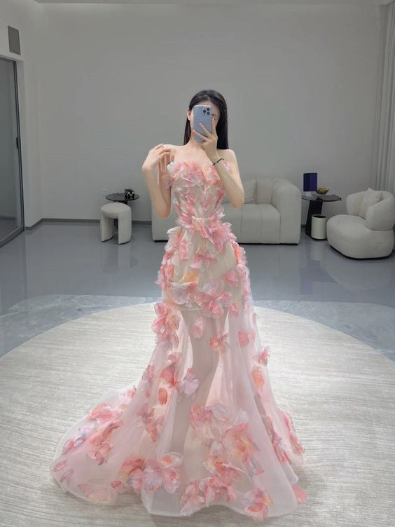 Fairy Ball Gown Strapless Pink Floral Prom Dresses Long Evening Dress PreppyDress
