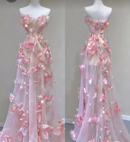 Feenhaftes Ballkleid Trägerloses Rosa Blumenmuster Ballkleid Langes Abendkleid P1941