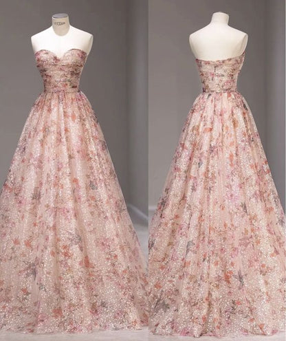 Elfenhafte A-Linie, trägerloses, pinkes Pailletten-Ballkleid, Abendkleid P1952