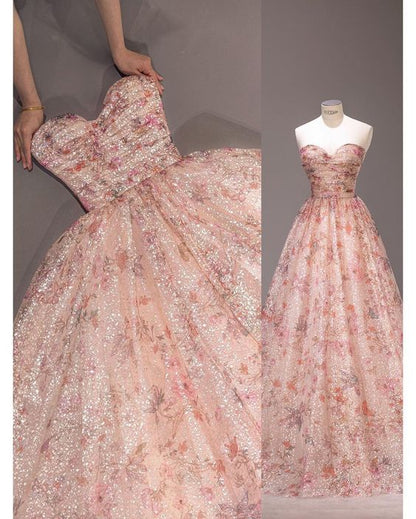 Elfenhafte A-Linie, trägerloses, pinkes Pailletten-Ballkleid, Abendkleid P1952