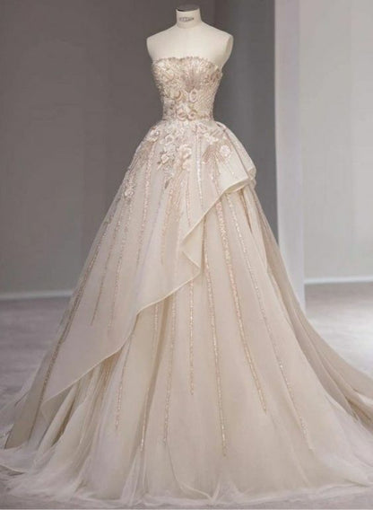 Feenhafter Ballkleid Trägerloser Champagnerfarbener Abschlussballkleider 22. Geburtstag Outfit P1970